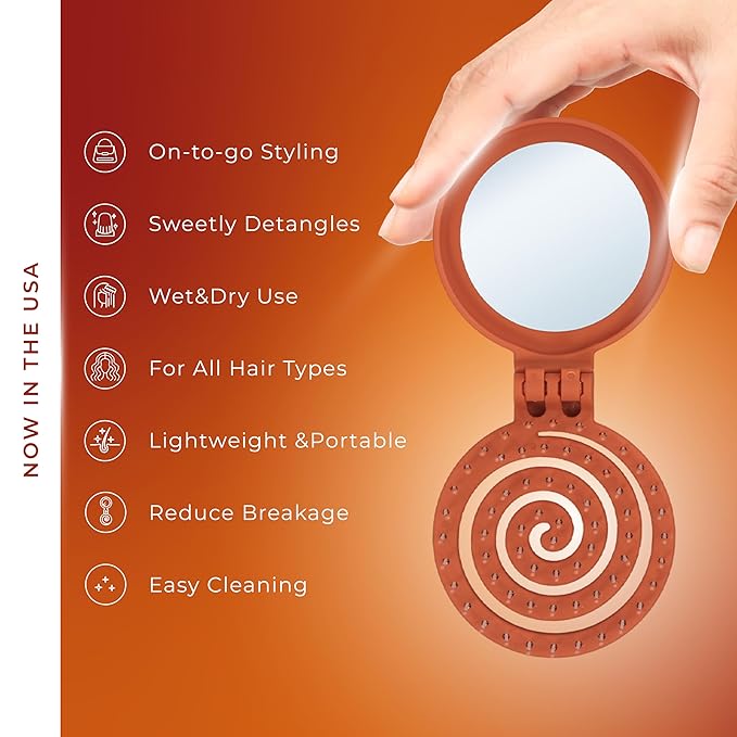 Mini Detangler Travel Hair Brush with Mirror, Makaron Hair Brushes for Women, Men and Kids, Unique 3D Flexible Design for All Hair Types, Styling Accessory, Travel Essentials for Women (DARK ORANGE)