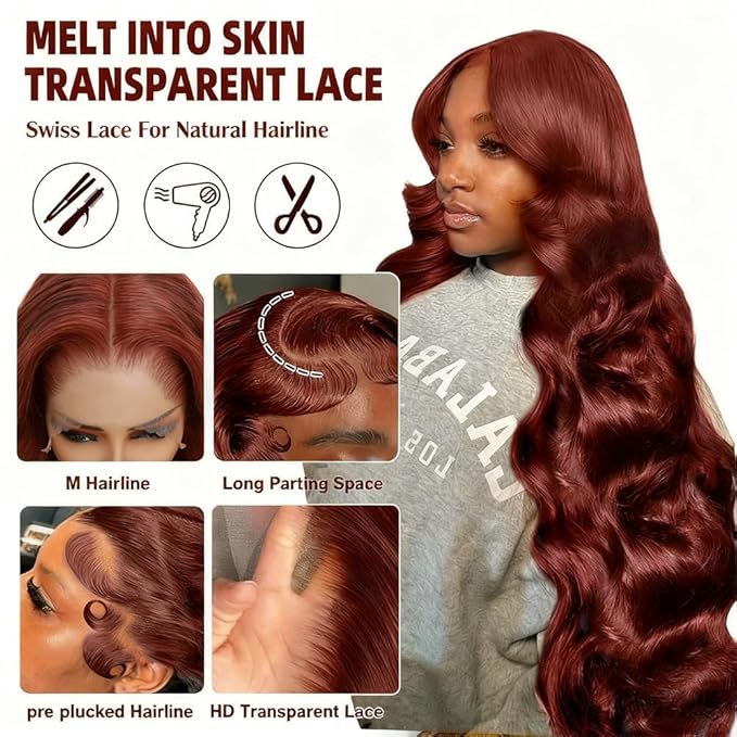 BVH 32 Inch Reddish Brown 13x6 Lace Front Wigs Human Hair Body Wave Wigs Human Hair 200 Density Hd Lace Frontal Wigs M Hairline 33# Brown Wigs (13x6 Reddish Brown Lace Front Wigs Human Hair, 32 Inch)