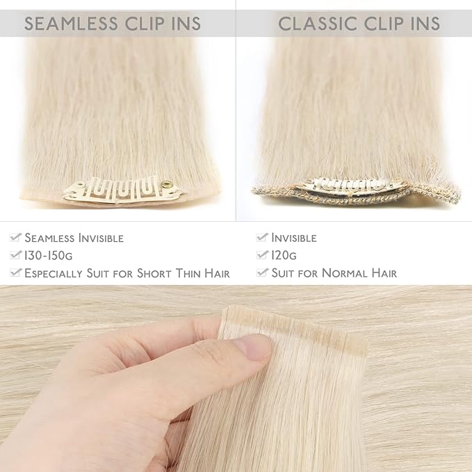 WENNALIFE Seamless Clip In Hair Extensions Human Hair, 16 Inch 130g 7pcs Platinum Blonde Real Hair Extensions Clip in Human Hair Invisible PU Skin Weft Natural Remy Human Hair Extensions