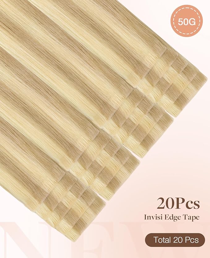 GOO GOO Invisi Edge Tape in Hair Extensions Human Hair, 18D/22F Dirty Blonde Highlights 20pcs 10inch 30g, Virgin Remy Hair, Seamless Injected Tape, Natural Look