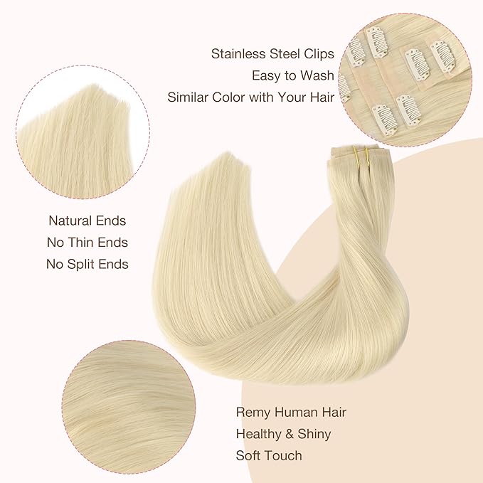 GOO GOO Clip in Hair Extensions Real Human Hair, Remy Human Hair Extensions Clip ins for Women, Natural Human Hair, 24inch 120g 7Pcs, 60A Platinum Blonde