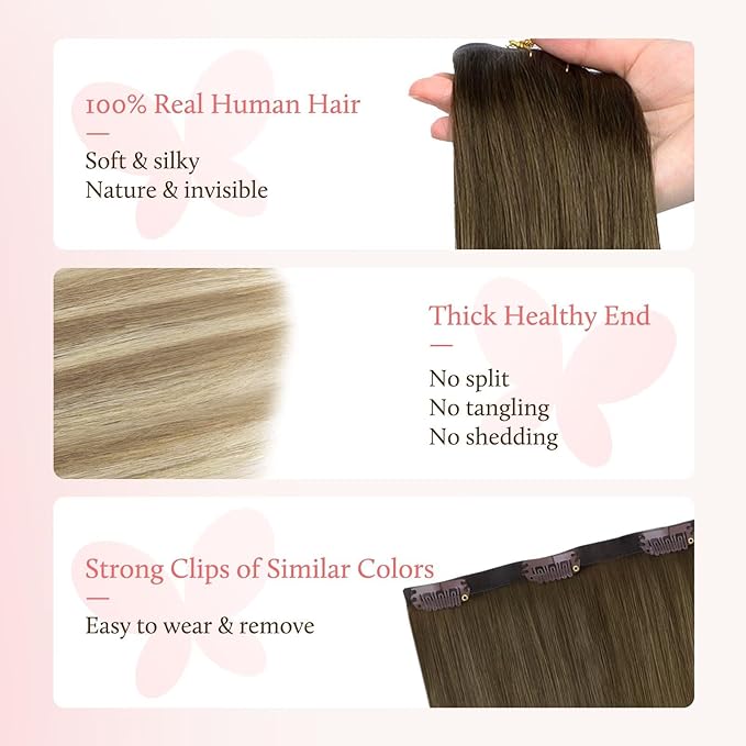DOORES Clip in Hair Extensions Set 18 Inch 130g, 4pcs Invisi Edge Clip ins and 3pcs Classic Seamless Clip ins, Injected Virgin Real Human Hair Extensions Natural Invisible Straight, #3/8/613