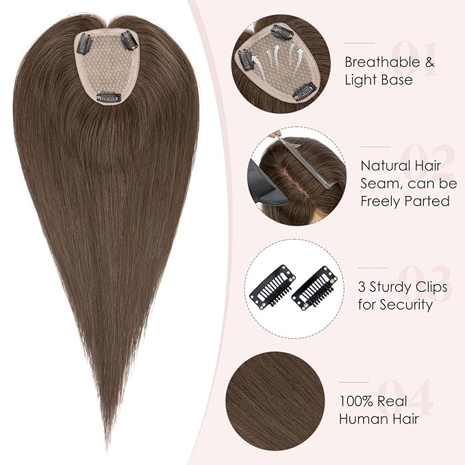 Hairro Human Hair Toppers Free Parted, 3.5x4.7 Base Hand-wovened 100% Real Hairpieces, with Invisible Clips-in for Women, for High Hairline/Adding Volume on Top, 10 Inch Cocoa Brown