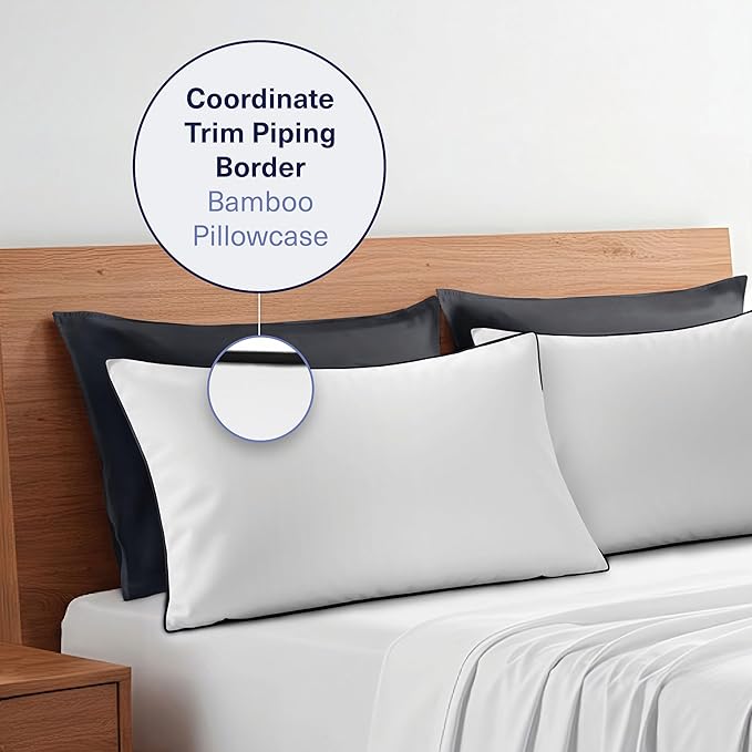 Kickoff Viscose Bamboo Pillowcase, King, Set of 2, 100% Organic Hidden Zippered Viscose Bamboo Pillow Case King Size, Cooling Pillow Cover for Hot Sleepers (20"x40", Trimmed, Onyx Black)