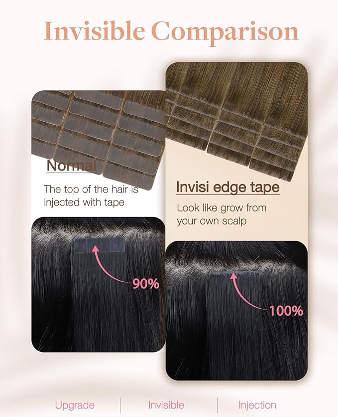 GOO GOO Invisi Edge Tape in Hair Extensions Human Hair, 3/8/613 Walnut Brown to Ash Brown and Bleach Blonde 10pcs injected with 10pcs classical tape ins, 22inch 50g, Virgin Remy Hair, Natural Look