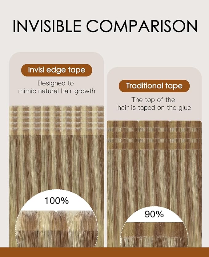 VINBAO Invisi Edge Hair Extensions Real Human Hair Tape in, Balayage Ash Brown to Caramel Blonde, 55g 20pcs Seamless Injected Tape in Human Hair Extensions 20inch #10/16/16