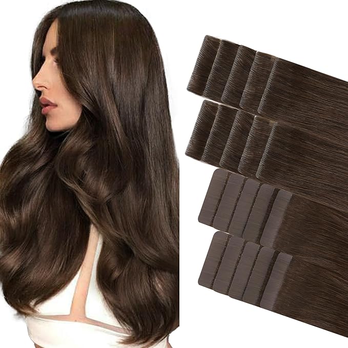 GOO GOO Invisi edge Tape in Hair Extensions Human Hair, 4A Chocolate Brown10pcs injected with 10pcs classical tape ins, 20inch 50g, Virgin Human Hair Tape ins