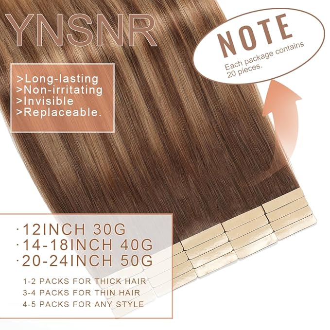 Tape in Hair Extensions Human Hair Chocolate Brown to Caramel Blonde Hair Extensions 18 Inch 20pcs Remy Straight Human Hair Tape in Extensions Skin Weft Tape Extensions Human Hair