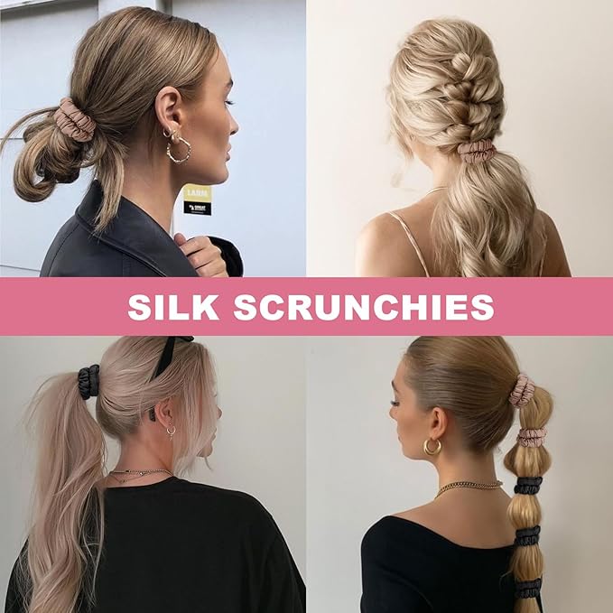 6Pcs Mulberry Silk Slip Skinny Hair Scrunchies - 22 Momme Pure Silk Ponytail Holders for Women & Girls (Color 02)