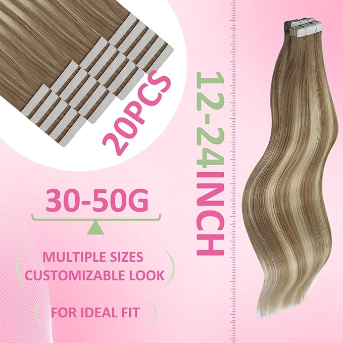 YoungSee Human Hair Tape in Extensions Balayage Tape in Hair Extensions Real Human Hair Light Brown Ombre Blonde Tapes ins Human Hair Extension 12In 20pcs 30g Adhesive Hair Extension for Short Hair