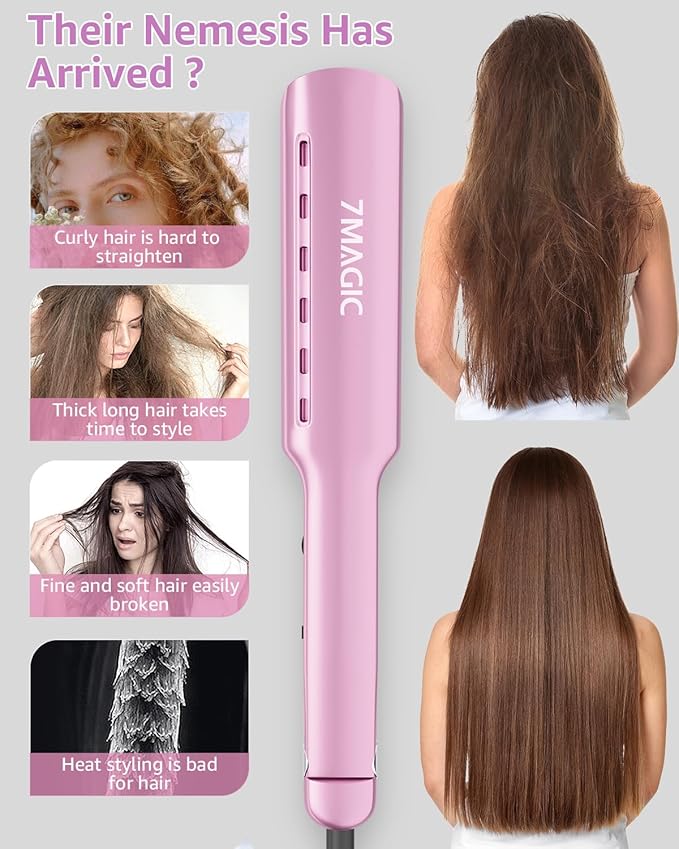 7MAGIC Nano Titanium Hair Straightener, 1.7" Wide Flat Iron for All Hair Types, Flat Iron Hair Straightener with 5 Temp, Hair Iron with Dual Voltage, Straightening Iron for Fast Straightening, Purple