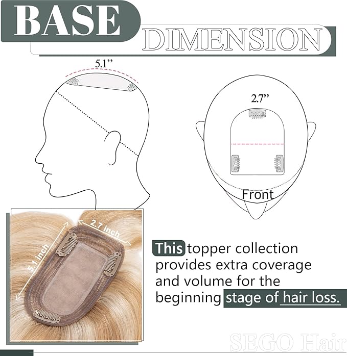 SEGO Hair Toppers for Women Real Human Hair with Thinning Hair, Hair Pieces Clip in Toppers Straight Hair Pieces with Front Bangs -10 Inch #12/613 Golden Brown Mix Bleach Blonde