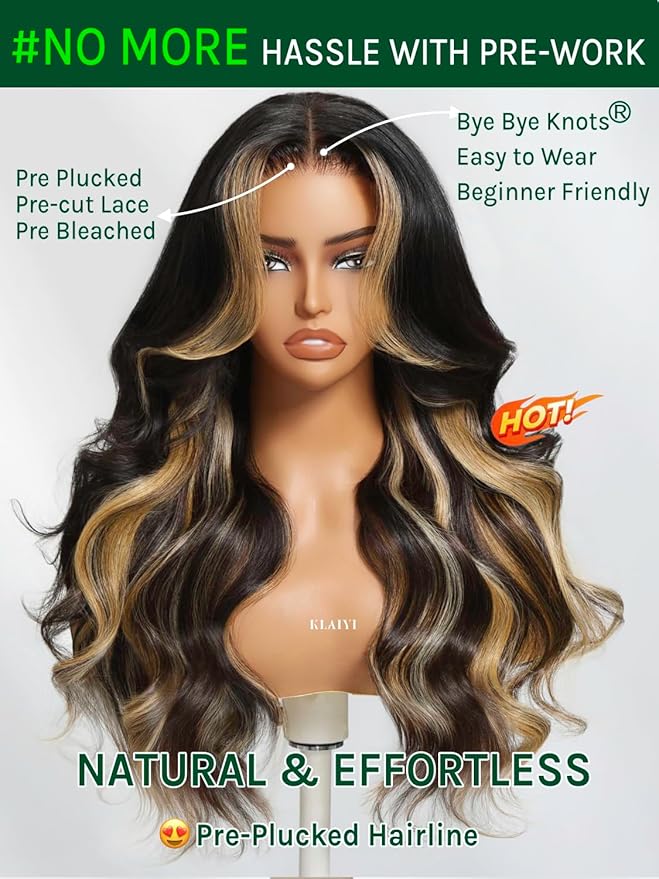 KLAIYI Ombre Highlight Blonde Loose Body Wave Bye Bye Knots Glueless Wigs Human Hair 7x5 Precut Lace Front Pre Plucked Bleached Ready to Wear Go Wig with Face Framing Curtain Bang Caramel Brown 22Inch