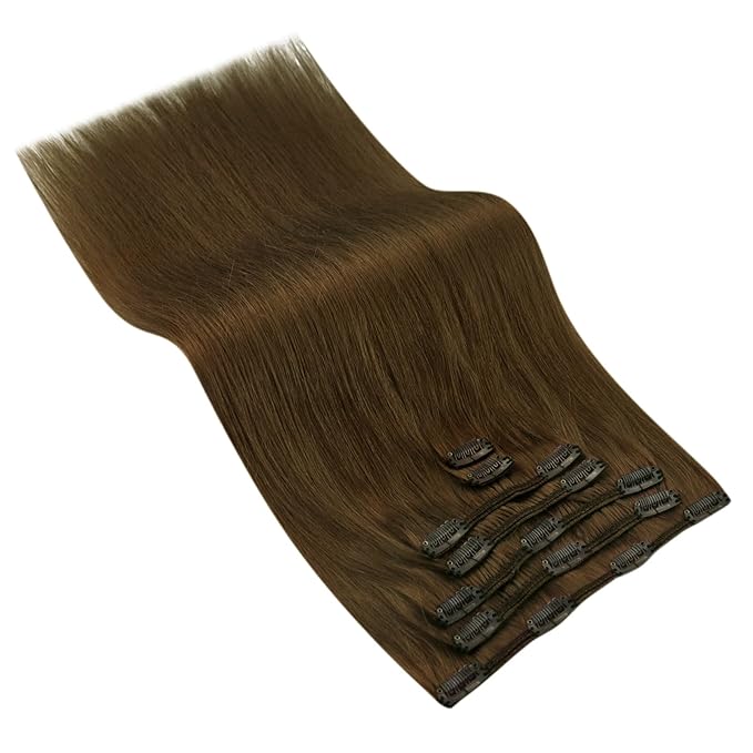 Ve Sunny Clip in Hair Extensions Cool Ash Brown Remy Human Hair Clip in Extensions Full Head Straight Real Hair Extensions For Women 7pcs 120g 18 inch