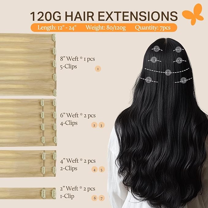 DOORES Clip-in Hair Extensions, Real Human Hair, Dirty Blonde & Platinum Blonde Mix, 120g, 7pcs, 20 Inch, Remy Natural, Straight & Thick