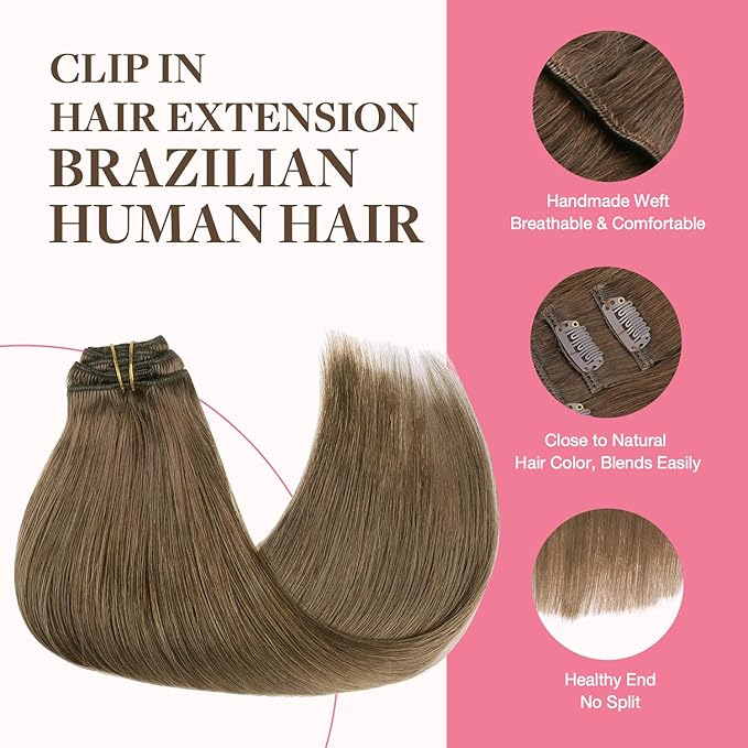 GOO GOO Clip in Hair Extensions Real Human Hair, Remy Human Hair Extensions Clip ins for Women, Natural Human Hair, 22inch 150g 9Pcs, 5 Light Ash Brown