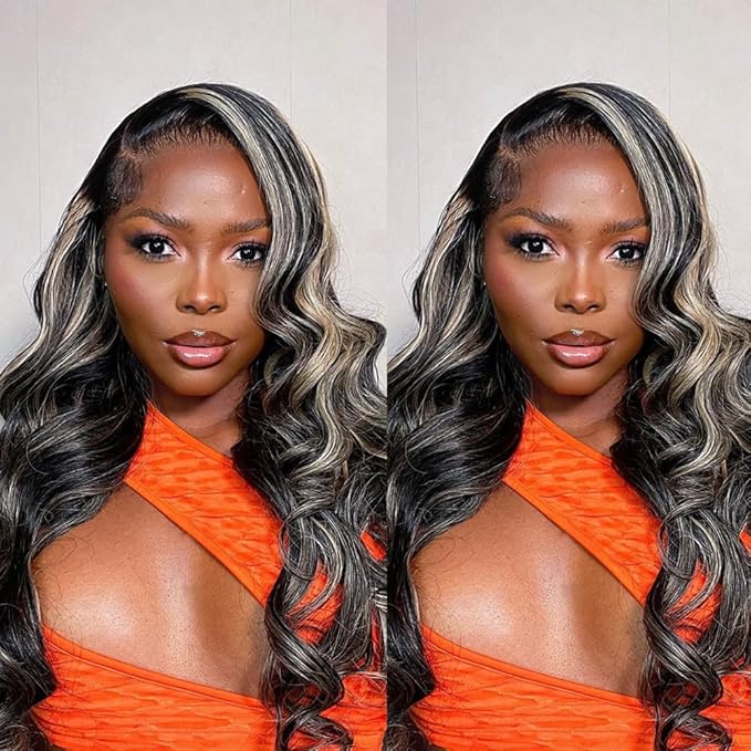 FB/27 Balayage Highlight Lace Front Wig Human Hair 13x6 HD Lace Front Wigs Human Hair Body Wave Wig 180% Density Glueless Wig for Black Women Colored Wigs Human Hair 18 Inch Highlight Wig