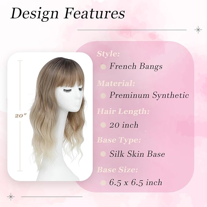 Hair Topper, 360° 3D Hair Toppers for Women with Thinning Crown, 20 Inch Long Wavy Curly Hair Pieces Clip in Bangs (Ombre Highlights Brown with Dark Root, 20 inch, French Bangs)