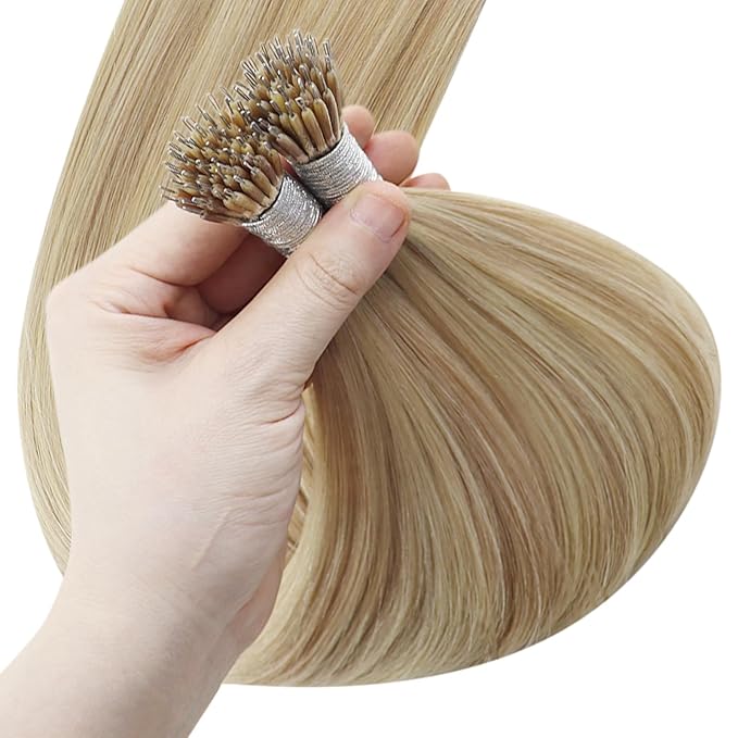 YoungSee Nano Ring Hair Extensions Highlights Blonde Nano Link Human Hair Extensions Blonde for Women Pre Bonded Nano Beads Hair Extension Real Human Hair Straight and Soft 18inch 50g 50s Cold Fusion
