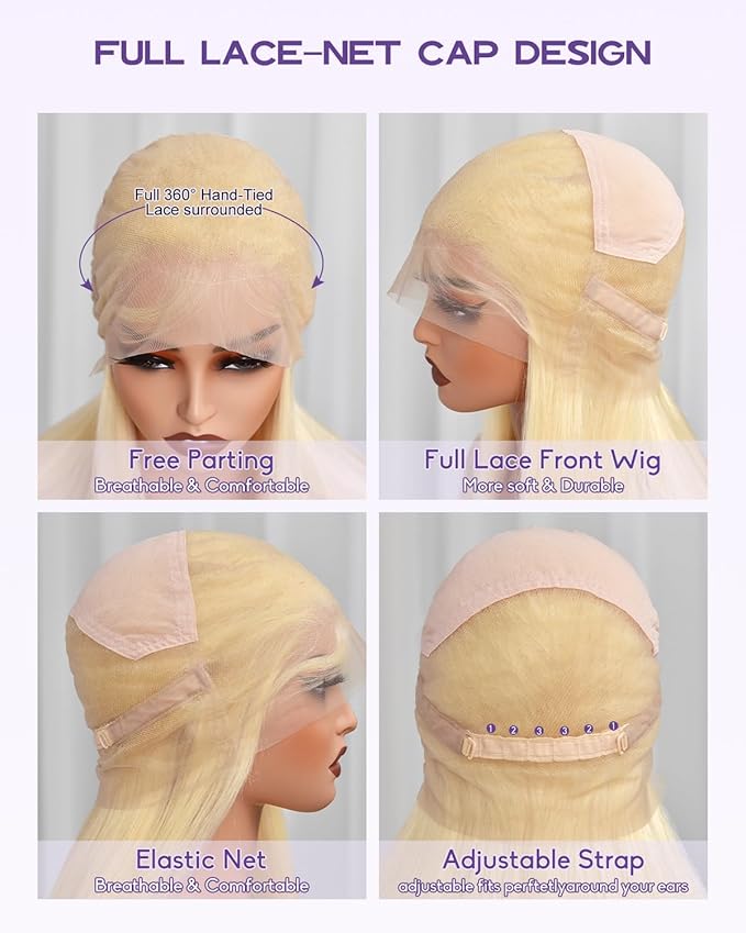 Real Full Lace Human Hair Wigs 613 Lace Front Wig Human Hair 180 Density Body Wave HD Full Lace Blonde Wig Plucked Bleached Knots Breathable Full Scalp Wig for Women 22Inch