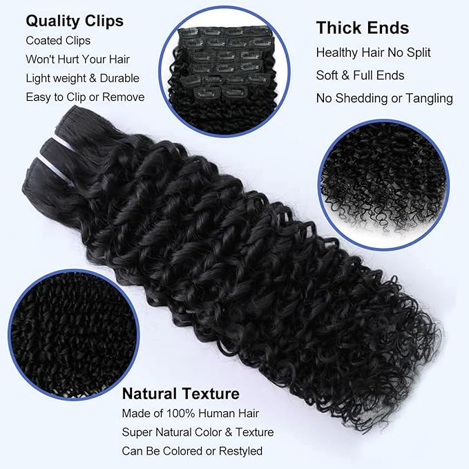 Curly Clip In Hair Extensions Human Hair 18 Inch 3C 4A 110g 8pcs Kinky Curly Clip Ins Full Head for Women Brazilian Remy Human Hair Extensions Natural Color with 20 Clips