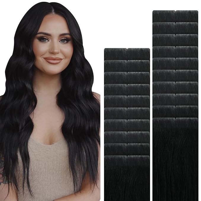 VINBAO Invisible Hair Extensions Tape in Invisi Edge, Jet Black 60g 20pcs 22in Injected Tape in Extensions Virgin Human Hair Thick Seamless Natural Blend 22inch #1