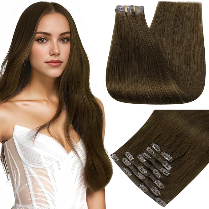 Full Shine Clip in Hair Extensions Real Human Hair 22 Inch Medium Chestnut Brown Seamless Human Hair Clip in Extensions with PU Weft for Long Hair 8 PCS 120 G
