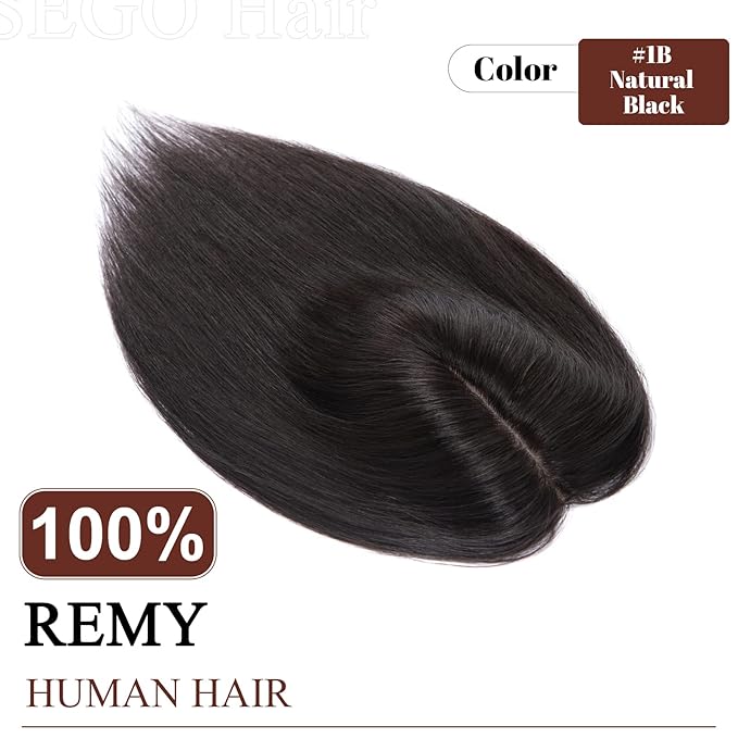 SEGO Real Human Hair Topper for Women, No Bangs Hair Topper with Anti-Slip Clips (14 Inches 1B Natural black)