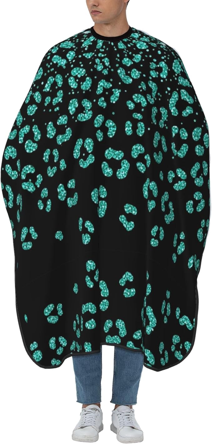 Hairdresser Cape Turquoise Green Glitter Cheetah Leopard Print Black Hair Cutting Gown, Large Long Haircut Apron for Hair Cutting Styling, Haircut Tools