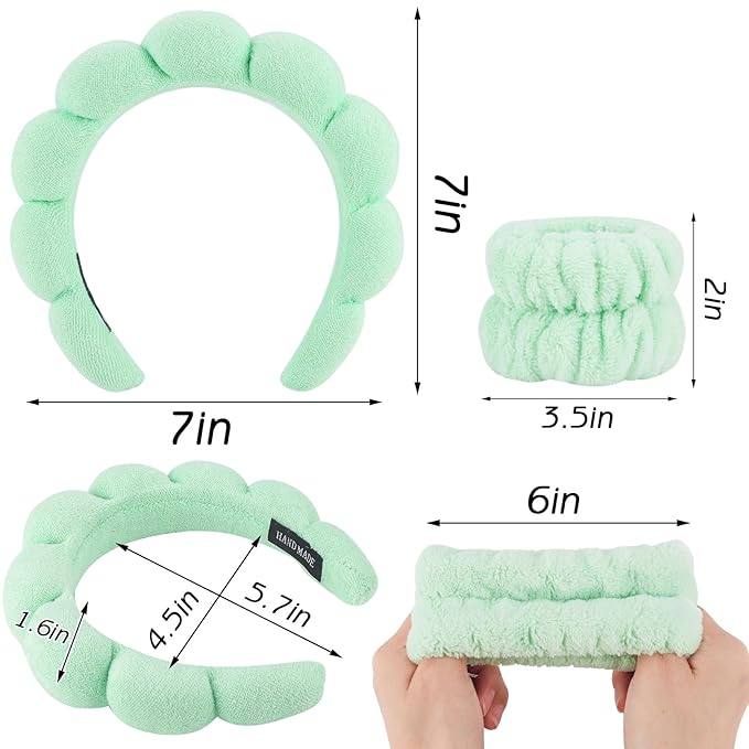 Zkptops 6Pcs Spa Headband for Washing Face Wristbands Set Women Bubble Skincare Makeup Sponge Terry Cloth Padded Puffy Headband Bow Tie Hairband Cute Non Slip Thick Hair Accessory Gifts (Light Green)