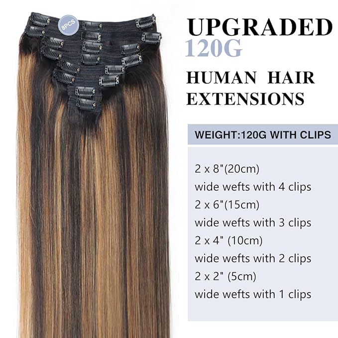 Balayage Clip in Hair Extensions Real Human Hair Straight Remy Human Hair Clip ins for Women, Natural Soft Human Hair, 8Pcs 120g, 30inch #1B/6/1B Balayage Natural Black to Chestnut Brown