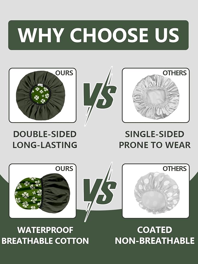 Years Calm Shower Caps For Women Reusable Waterproof，Pattern And Solid Color Dual-Layer Design For Dual-Layer Usable，Protects Hair In Shower, Spa, Cooking, Clean & Travel (Green, Extra Large)