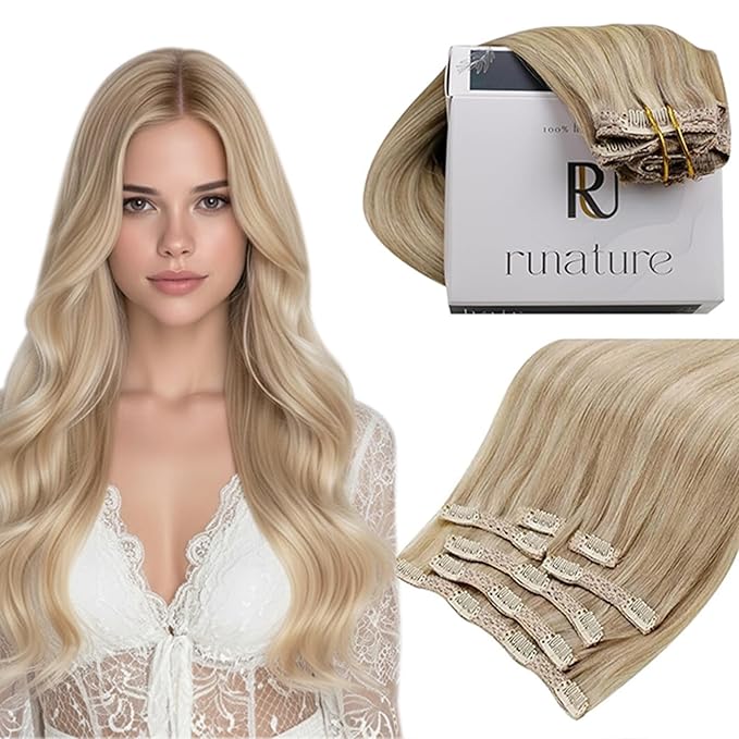 RUNATURE Blonde Clip in Hair Extensions, Real Human Hair Clip in Extensions, Short Hair Extensions Clip Ins, Remy Natural Hair, Easy To Apply, 12 Inch 80g 7pcs #16P22 Beige Blonde Highlights