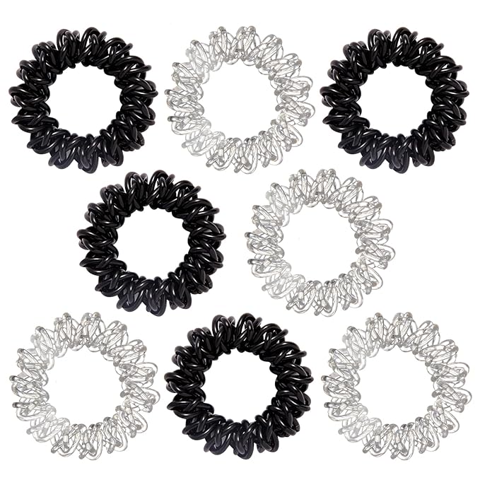 Upgraded Version Spiral Hair ties for Women, No Crease Clear Coil Hair Ties Spiral Ponytail Holders Scrunchies, Hair Coils/Phone Cord Hair Ties for Thin Hair/Soft Elastic. (8, Black and White）