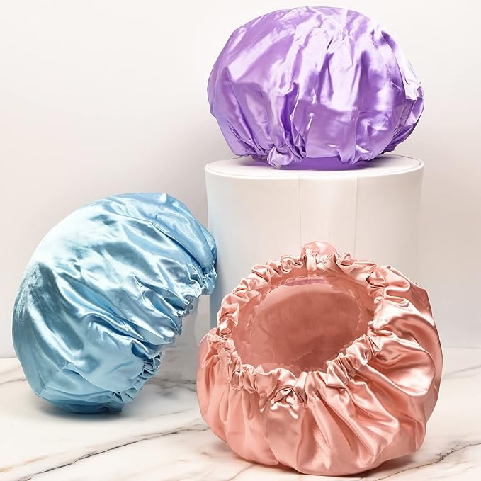 Smilco 4 Pack Shower Caps for Women, Reusable Waterproof Double Layer Bath Cap, Large EVA Elastic Hair Cover for Shower, Fits Long Hair & Braids, for Spa & Home