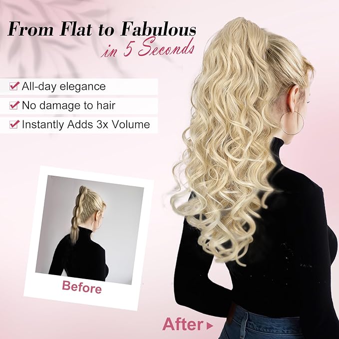 QGZ 20" Wavy Ponytail Extension, Claw Clip Ponytail Hair Extension, Natural Synthetic Hairpiece for Women Daily Use(Blonde with Light Blonde Ends)