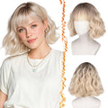 BARSDAR Blonde Ombre Short Wavy Wig with Bangs - Short Wavy Blonde Ombre Wig for Women - Fluffy Soft Synthetic Dark Roots Curly Textured French Bob Wigs with Bangs Natural Looking Face-Framing