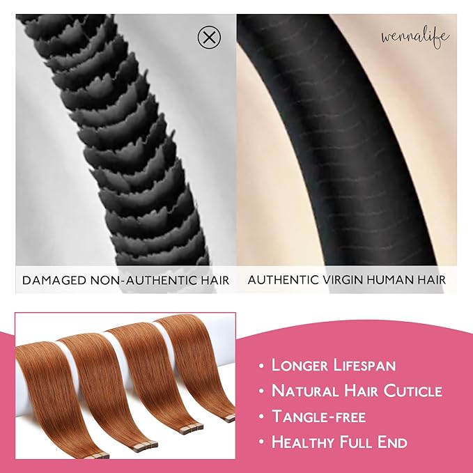 WENNALIFE Tape in Hair Extensions Human Hair Dirty Ginger 10pcs 25g 16 inch Remy Invisible Tape Ins Straight Colored Soft Real Human Hair Tape in Extensions Refill Set Extensions