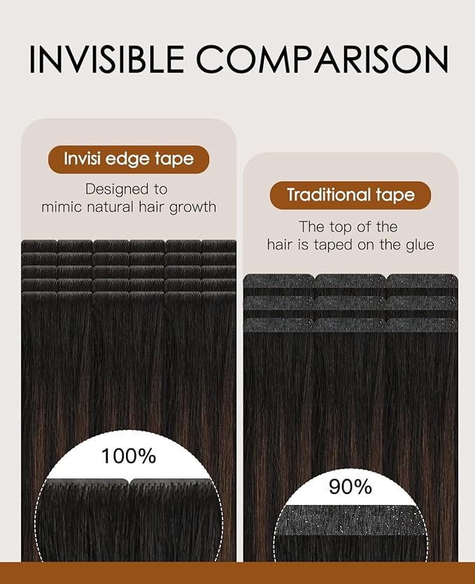 VINBAO Invisi Edge Tape in Hair Extensions Human Hair 20pcs Invisible Injected Tape in Extensions Pro Quality Ombre Natural Black to Chocolate Brown 40g 14inch #1BT4