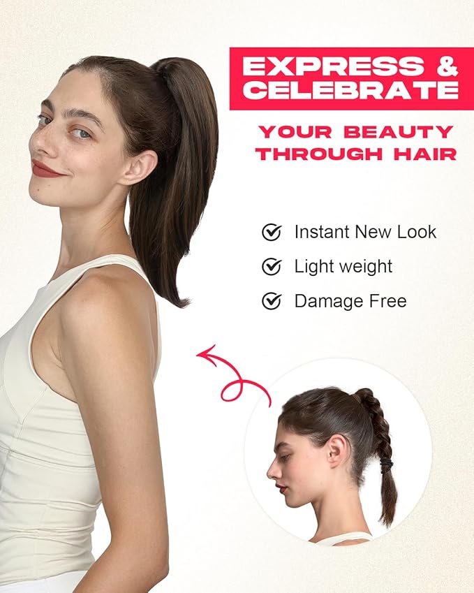 Ponytail Extension – 16” Claw Clip in Ponytail Hair Extensions Natural Soft Synthetic High Pony Tail Hairpieces for Women (Chocolate Brown with Highlights, 16 inch)