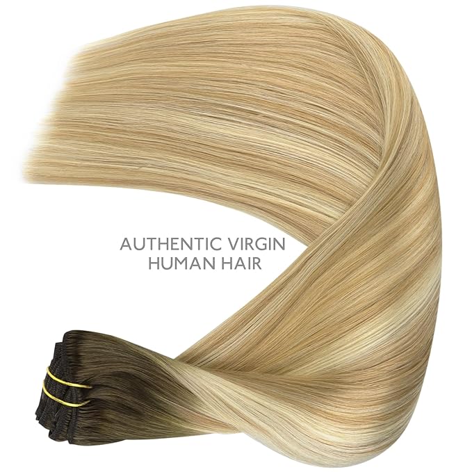 WENNALIFE Clip in Hair Extensions Real Human Hair, 14 Inch 120g 7pcs Human Hair Extensions Clip In Human Hair, Balayage Light Ash Brown to Light White Blonde Hair Extensions Clip In Real Hair Coloured