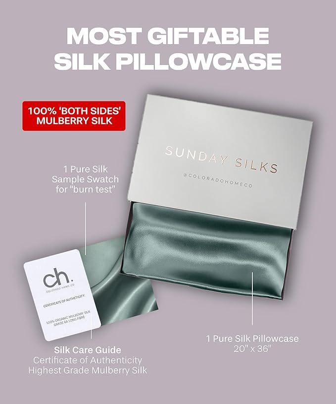 SUNDAYSILKS™ Premium Silk Pillow Cases | 100% Mulberry Silk Pillowcase with Zipper, All Sides Real 22 Momme Grade 6A Silk, Standard Queen, King Size [Mineral Blue]
