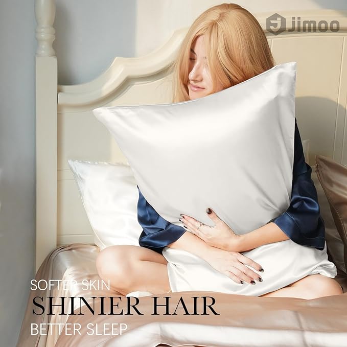 J JIMOO 100% Mulberry Silk Pillowcase for Hair and Skin, 22 Momme Pure Natural Silk Pillow Case Both Sided with Zipper, Pillow Cover for Women Mom Men (Ivory White, Standard 20''×26'', 2 Pack)