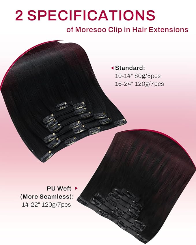Moresoo Seamless Clip in Hair Extensions Ombre Black to Burgundy Seamless Hair Extensions Clip ins Human Hair Balayage Black to Red Wine PU Weft Human Hair Clip in Extensions 7pcs 120g 18inch