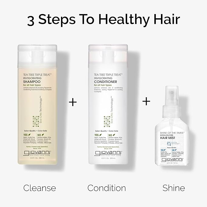 GIOVANNI Tea Tree Triple Treat Invigorating Shampoo - Cooling Peppermint, Eucalyptus & Rosemary, Strengthen & Rejuvenate Hair & Scalp, Salon Quality, Paraben Free, Tea Tree Shampoo - 8.5 oz (3 Pack)