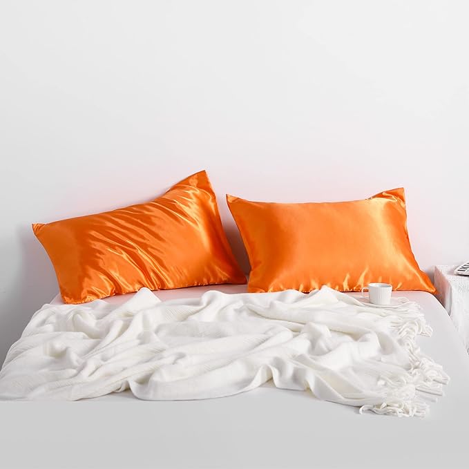 NTBAY 2 Pack Satin Standard Pillowcases for Hair and Skin, Luxurious and Silky Pillow Cases with Envelope Closure, 20x26 Inches, Orange