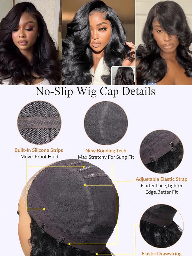 Julia Hair Bye Bye Slip Wig Feathered Layer Side Part Human Hair Wig 200% Density 7X5 Pre Cut Lace Closure Loose Body Wave Wigs Pre Everything Glueless with Secure Silicone Strips Drawstring 20 Inch