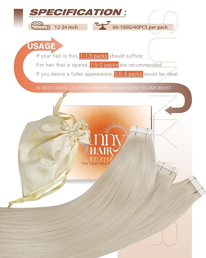 Sunny Hair Tape in Hair Extensions Human Hair 12inch Hair Extensions Real Human Hair Tape in Extensions for Women Platinum Blonde Invisible Natural Straight Skin Weft Double Sided Tapes 40pcs 60g