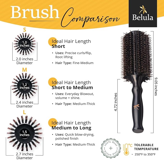 Belula Boar Bristle Round Brush for Blow Drying Set. Round Hair Brush With Large 2.7” Wooden Barrel. Hairbrush Ideal to Add Volume and Body. Free 3 x Hair Clips & Travel Bag.