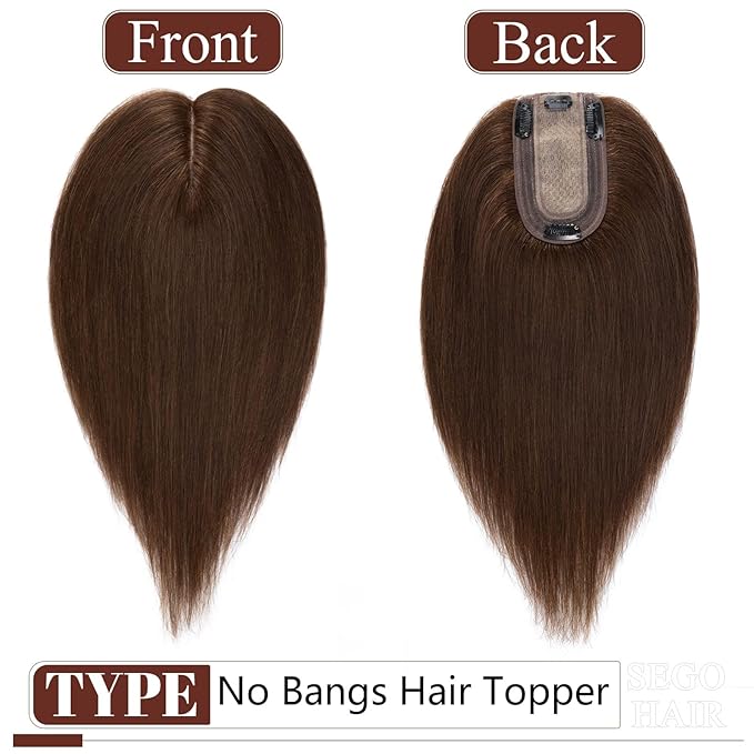 SEGO Real Human Hair Topper for Women, Toppers with Thinning hair No Bangs with 4 Anti-Slip Clips (10 Inch#4 Medium Brown)